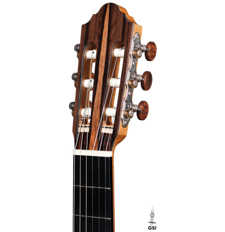 The headstock of a 2019 Mario Aracama classical guitar made of spruce and exotic Kamagong