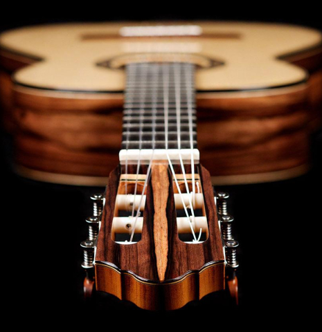 View from the headstock of a 2019 Mario Aracama classical guitar made of spruce and exotic Kamagong