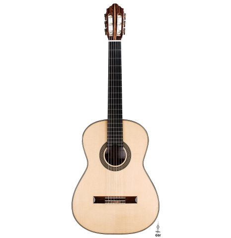 The front of a 2019 Mario Aracama classical guitar made of spruce and exotic Kamagong