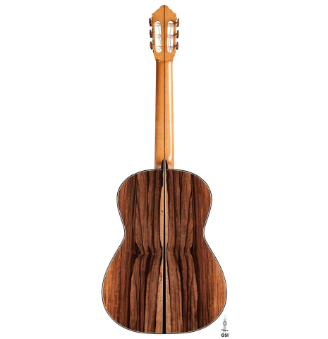 The back of a 2019 Mario Aracama classical guitar made of spruce and exotic Kamagong