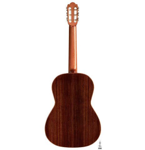 The back of a 2019 Kevin Aram "Emily" classical guitar made of spruce and Indian rosewood