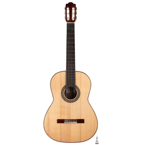 The front of a 2019 Kevin Aram "Emily" classical guitar made of spruce and Indian rosewood