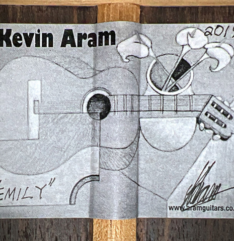 The label of a 2019 Kevin Aram "Emily" classical guitar made of spruce and Indian rosewood