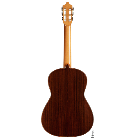 The back of a 2025 Mario Aracama classical guitar made of spruce and Indian rosewood