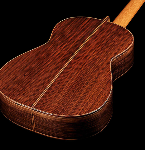 The back and sides of a 2025 Mario Aracama classical guitar made of spruce and Indian rosewood