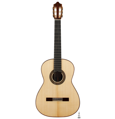 The front of a 2025 Mario Aracama classical guitar made of spruce and Indian rosewood