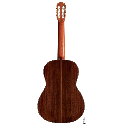 The back of a 1999 Kevin Aram "Marina" classical guitar made with spruce and Indian rosewood.