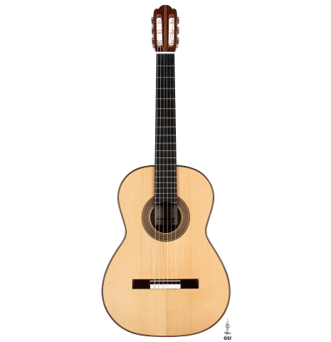 The front of a 1999 Kevin Aram "Marina" classical guitar made with spruce and Indian rosewood.