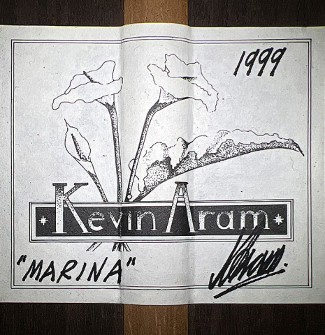 The label of a 1999 Kevin Aram "Marina" classical guitar made with spruce and Indian rosewood.