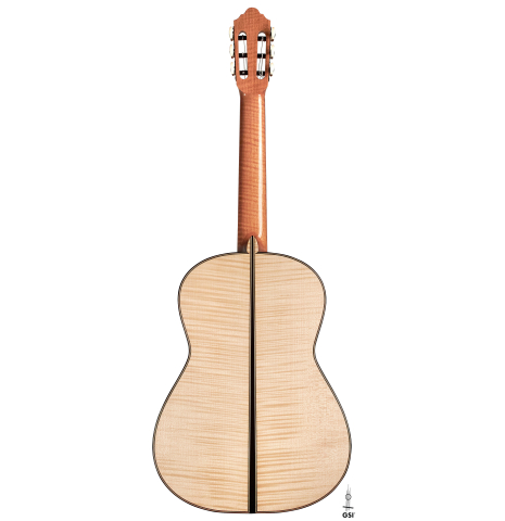 The back of a 2023 Mario Aracama classical guitar made of spruce and maple.