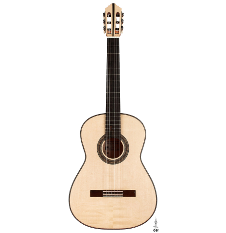 The front of a 2023 Mario Aracama classical guitar made of spruce and maple.