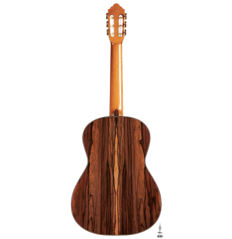 The back of a 2024 Mario Aracama classical guitar made of cedar and Kamagong