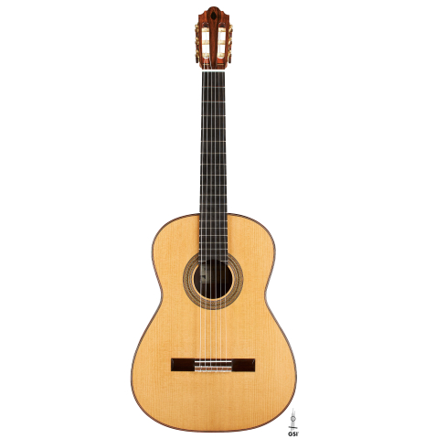 The front of a 2024 Mario Aracama classical guitar made of cedar and Kamagong