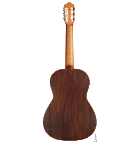 The back of a 2021 Kevin Aram "Carmen 640" classical guitar made of spruce and Indian rosewood