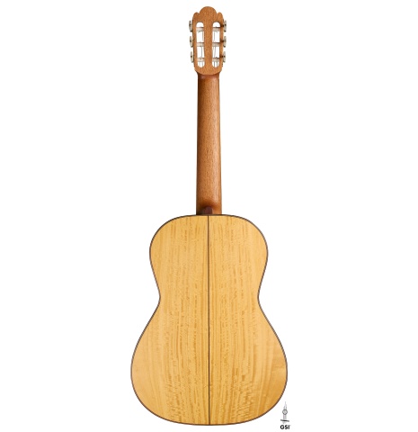 The back of a 2021 Kevin Aram "Nancy" classical guitar made of spruce and satinwood