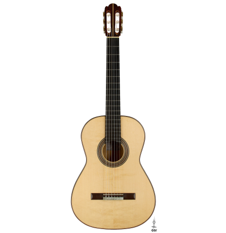 The front of a 2021 Kevin Aram "Nancy" classical guitar made of spruce and satinwood