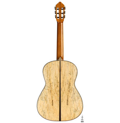 The back of a 2025 Mario Aracama classical guitar made of spruce and Tamarind