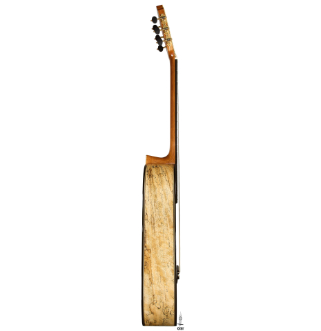 The side of a 2025 Mario Aracama classical guitar made of spruce and Tamarind