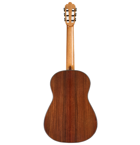 The back of a 2025 Manuel Arango classical guitar made of spruce and Indian rosewood