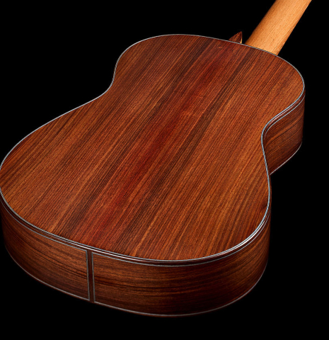 The back and sides of a 2025 Manuel Arango classical guitar made of spruce and Indian rosewood