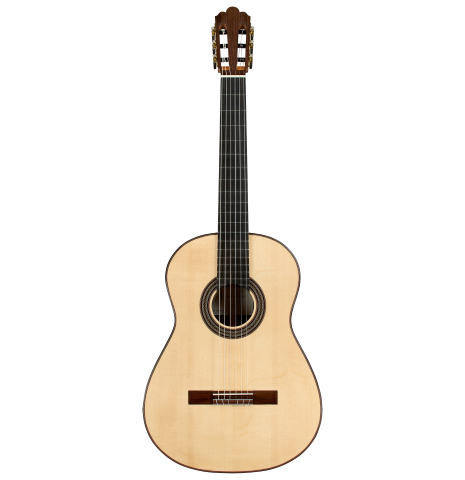 The front of a 2025 Manuel Arango classical guitar made of spruce and Indian rosewood