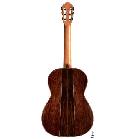 The back of a 2022 Ariel Ameijenda "Confessional" made of alerce and CSA rosewood on a white background
