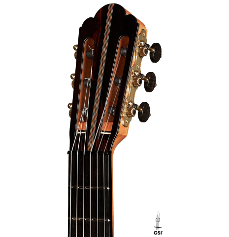 The headstock of a 2022 Ariel Ameijenda "Confessional" made of alerce and CSA rosewood on a white background