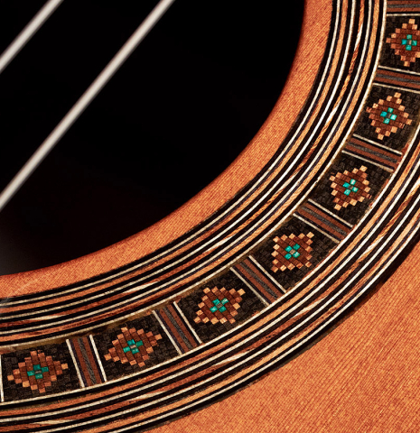 Closeup of the rosette of a 2022 Ariel Ameijenda "Confessional" made of alerce and CSA rosewood