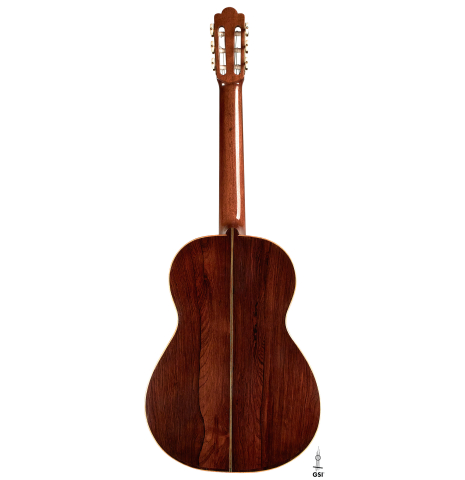 The back of a 1903 Vicente Arias classical guitar made with spruce and CSA rosewood on a white background