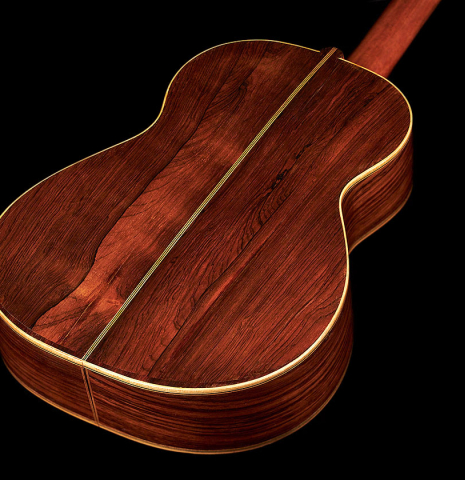 The back and sides of a 1903 Vicente Arias classical guitar made with spruce and CSA rosewood