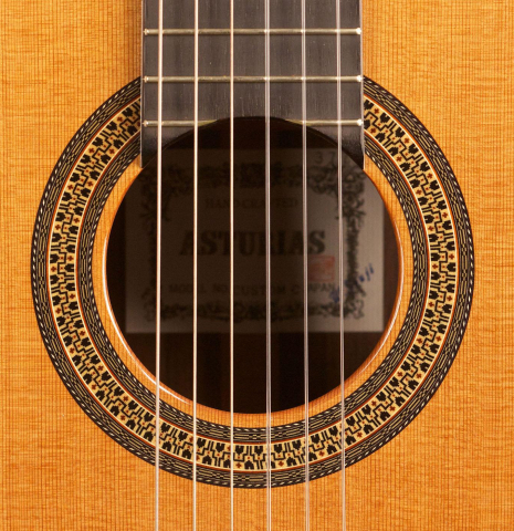 The rosette of an Asturias &quot;Custom C&quot; a 640 mm scale classical guitar made of cedar and Indian rosewood