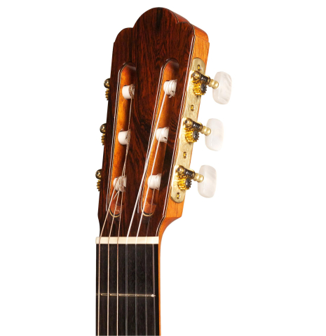 The headstock of an Asturias &quot;Custom C&quot; a 640 mm scale classical guitar made of cedar and Indian rosewood