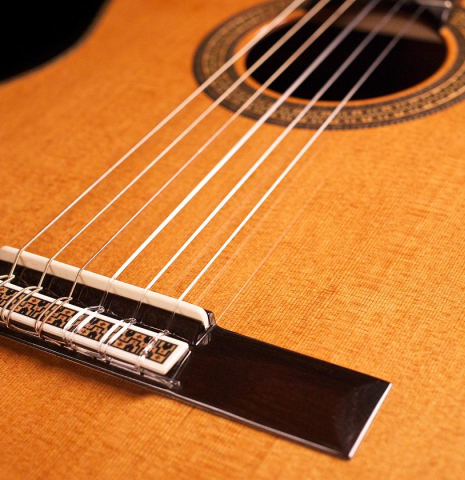 The bridge and saddle of an Asturias &quot;Custom C&quot; a 640 mm scale classical guitar made of cedar and Indian rosewood