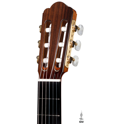 The headstock of an Asturias "Custom S" classical guitar made of spruce and Indian rosewood
