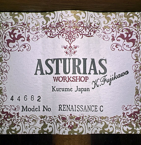 This is the label of a Asturias "Renaissance C" classical guitar made with cedar and Indian rosewood