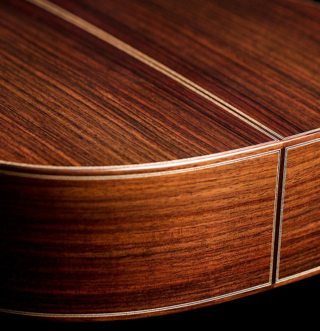 This is the back and sides at the foot of a Asturias "Renaissance C" classical guitar made with cedar and Indian rosewood