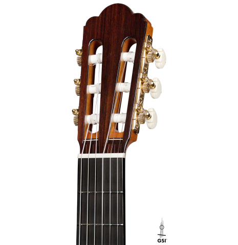 This is the headstock of a Asturias "Renaissance C" classical guitar made with cedar and Indian rosewood