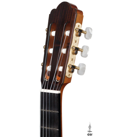 The headstock of an Asturias &quot;Custom S&quot; 640 mm scale classical guitar made of spruce and Indian rosewood