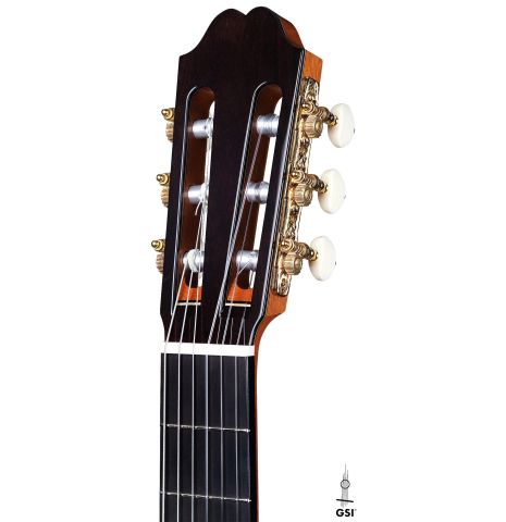 The headstock of an Asturias &quot;Double Top&quot; classical guitar made of cedar and Indian rosewood