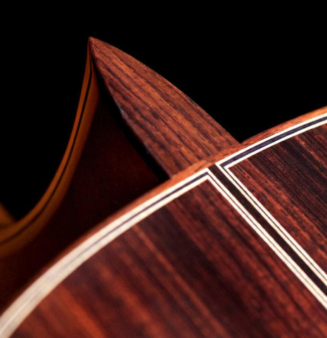 The back and heel of a 2022 Asturias &quot;Double Top&quot; classical guitar made of cedar and Indian rosewood