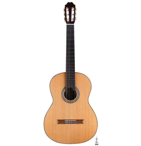 The front of a 2022 Asturias &quot;Double Top&quot; classical guitar made of cedar and Indian rosewood