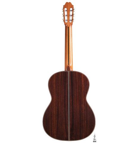 The back of a 2022 Asturias &quot;Double Top&quot; classical guitar made of cedar and Indian rosewood