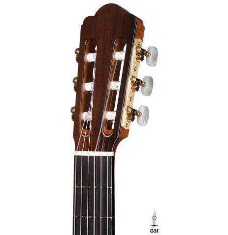 The headstock of a 2022 Asturias &quot;Custom C&quot; classical guitar made with 630 mm scale