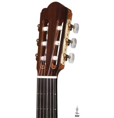 The headstock of a 2022 Asturias "Custom C" classical guitar made with 630 mm scale