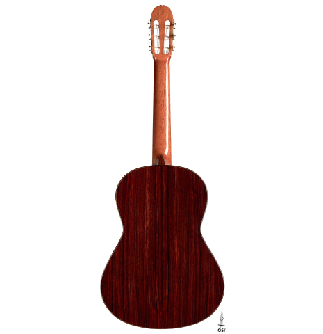 The back of a 2014 Angel Benito Aguado classical guitar made of cedar and Indian rosewood.