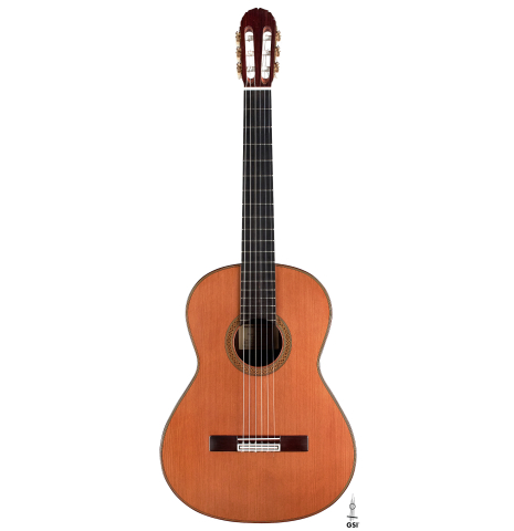 The front of a 2014 Angel Benito Aguado classical guitar made of cedar and Indian rosewood.