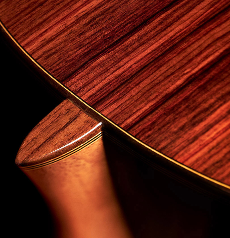 The back and heel of a 2014 Angel Benito Aguado classical guitar made of cedar and Indian rosewood.