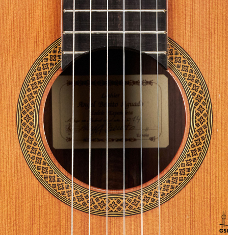 The rosette of a 2014 Angel Benito Aguado classical guitar made of cedar and Indian rosewood.
