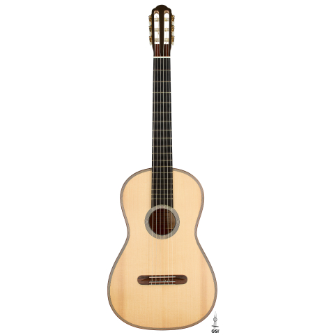 The front of a 2011 Angel Benito Aguado "Romantic" classical guitar made of spruce and maple