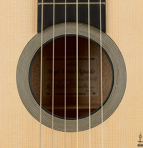 The rosette of a 2011 Angel Benito Aguado "Romantic" classical guitar made of spruce and maple